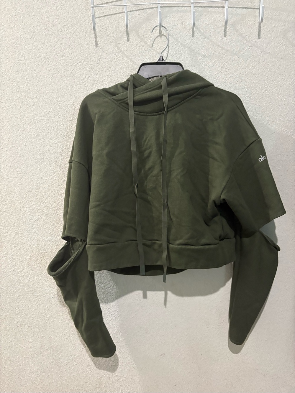ALO Yoga Olive Green Cropped Hoodie with Drawstrings
